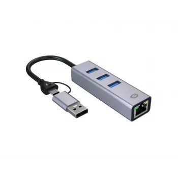 USB-C–Gigabit-verkkosovitin ja 3-porttinen USB-keskitin CONCEPTRONIC ABBY25G — USB 3.2 Gen 1, 1 Gbit/s Ethernet, 3x USB-A, alumiini, harmaa
