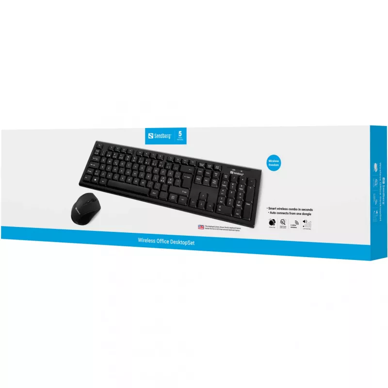 Sandberg Wireless Office DesktopSet INT, langaton, RF-langaton, kalvokytkin, QWERTY, musta, hiiri mukana