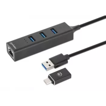 Manhattan USB-C & USB-A yhdistelmätelakka/keskitin, liitännät (4): Ethernet ja USB-A (x3), 5 Gbit/s (USB 3.2 Gen 1, tunnetaan myös nimellä USB 3.0), USB-virralla toimiva (erillistä virtalähdettä ei tarvita)
