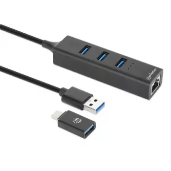 Manhattan USB-C & USB-A yhdistelmätelakka/keskitin, liitännät (4): Ethernet ja USB-A (x3), 5 Gbit/s (USB 3.2 Gen 1, tunnetaan myös nimellä USB 3.0), USB-virralla toimiva (erillistä virtalähdettä ei tarvita)
