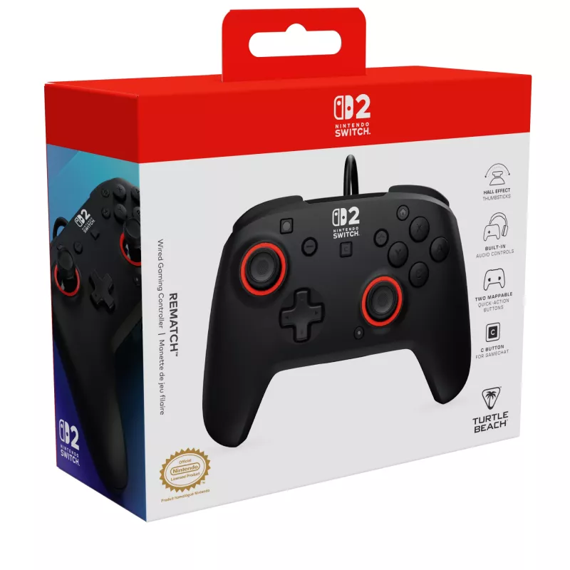 Johdollinen peliohjain Turtle Beach Rematch Nintendo Switch 2:lle – USB-C, 3 m kaapeli, takapainike, D-pad, musta