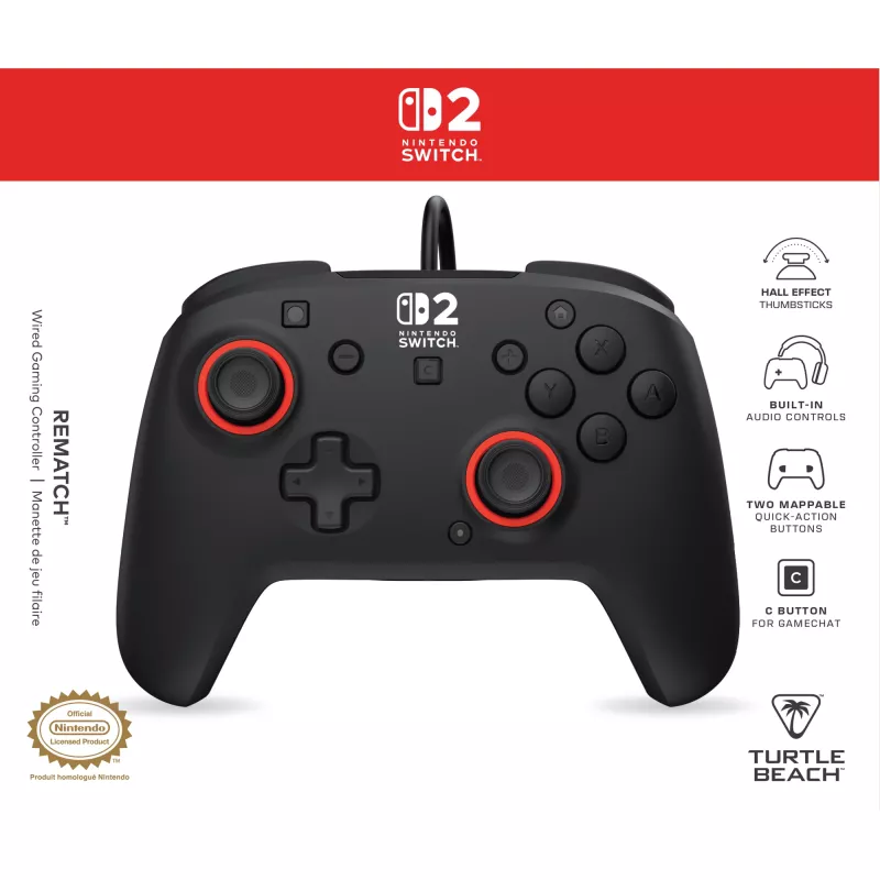 Johdollinen peliohjain Turtle Beach Rematch Nintendo Switch 2:lle – USB-C, 3 m kaapeli, takapainike, D-pad, musta