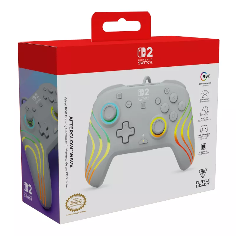 Johdollinen RGB-peliohjain Turtle Beach Afterglow Wave harmaa – USB-C, 3 m kaapeli, Nintendo Switch / Switch 2 / Switch OLED:lle