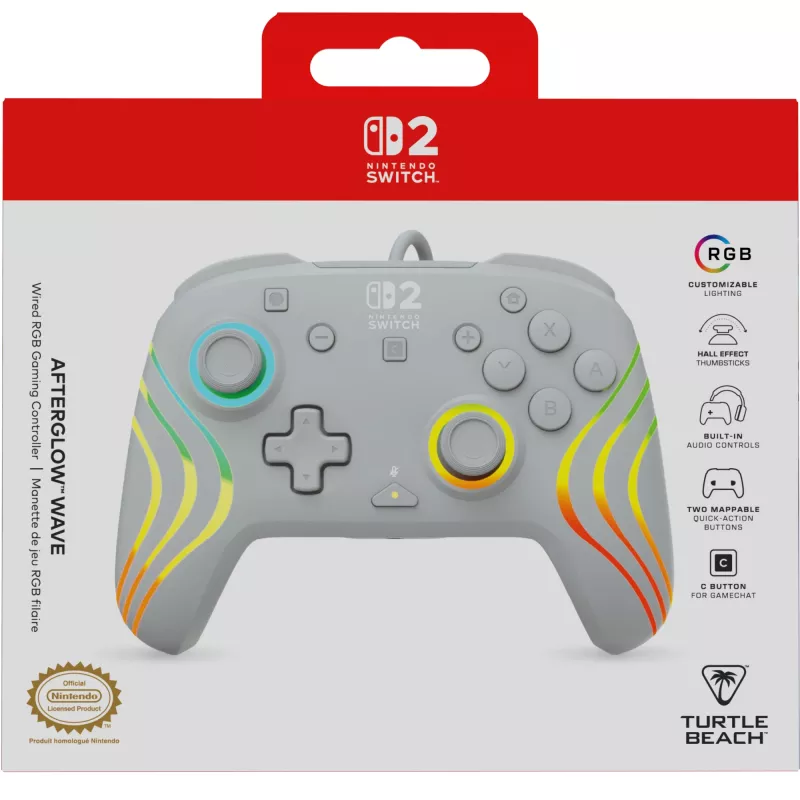 Johdollinen RGB-peliohjain Turtle Beach Afterglow Wave harmaa – USB-C, 3 m kaapeli, Nintendo Switch / Switch 2 / Switch OLED:lle
