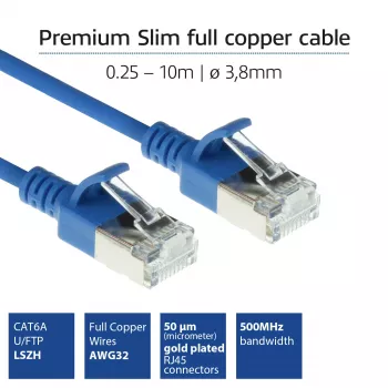 ACT sininen 1,5 m LSZH U/FTP CAT6A datakeskuksen Slimline -patchkaapeli lukituskielekkeellä ja RJ45-liittimillä
