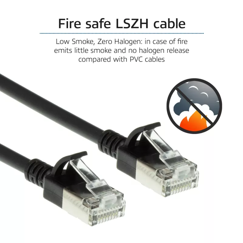 ACT musta 0,5 metrin LSZH U/FTP CAT6A datakeskus Slimline -patchkaapeli snagless RJ45-liittimillä