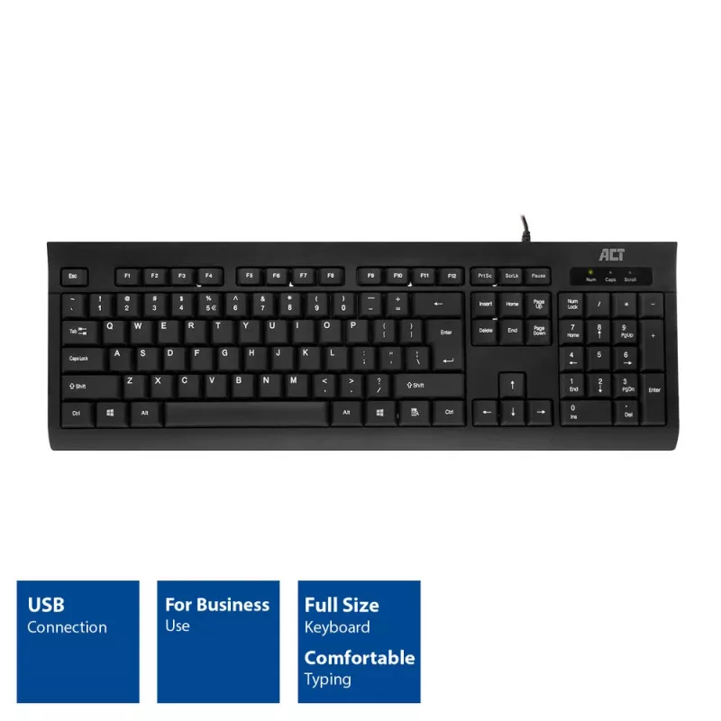 ACT yritysnäppäimistö USB (Qwerty/US-asettelu), Full-Size (100 %), johdollinen, USB, kalvo, QWERTY, musta