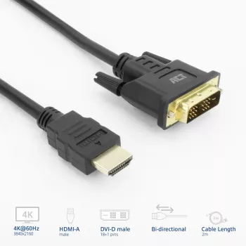 ACT AK3735 videokaapeliadapteri 2 m HDMI Type-A (Standard) DVI-D musta