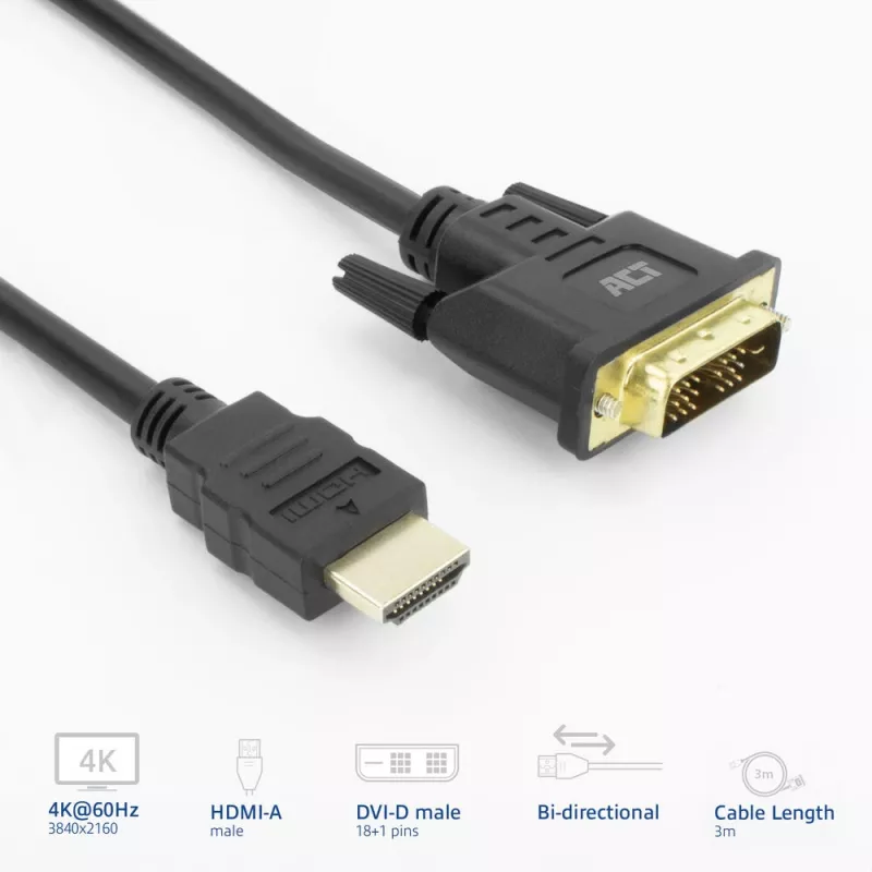ACT AK3736 videokaapeliadapteri 3 m HDMI Type-A (Standard) DVI-D musta