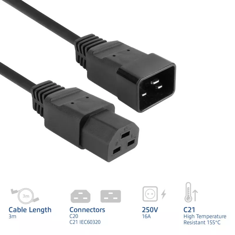 Virtakaapeli ACT C20–C21 IEC60320 musta 3 m, 16 A, 250 V