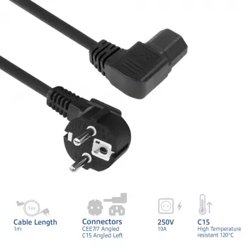 ACT virtakaapeli verkkopistoke CEE7/7 (kulma) – C15 (kulma vasen) IEC60320 musta 1 m