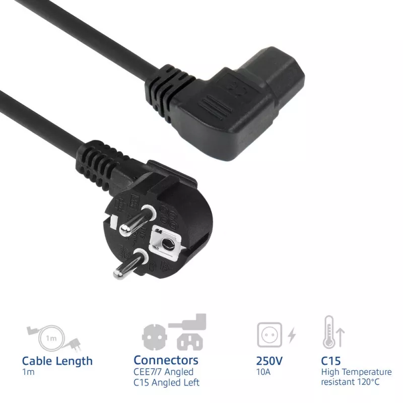 ACT virtakaapeli verkkopistoke CEE7/7 (kulma) – C15 (kulma vasen) IEC60320 musta 1 m