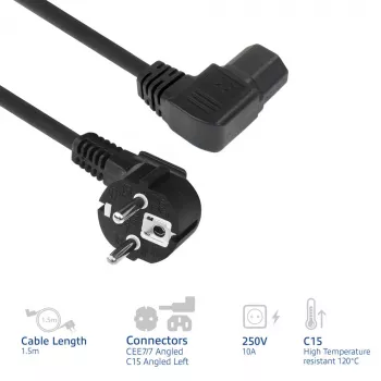 ACT virtakaapeli verkkopistoke CEE7/7 (kulma) – C15 (kulma vasen) IEC60320 musta 1,5 m