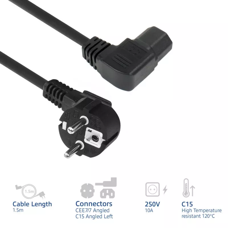 ACT virtakaapeli verkkopistoke CEE7/7 (kulma) – C15 (kulma vasen) IEC60320 musta 1,5 m