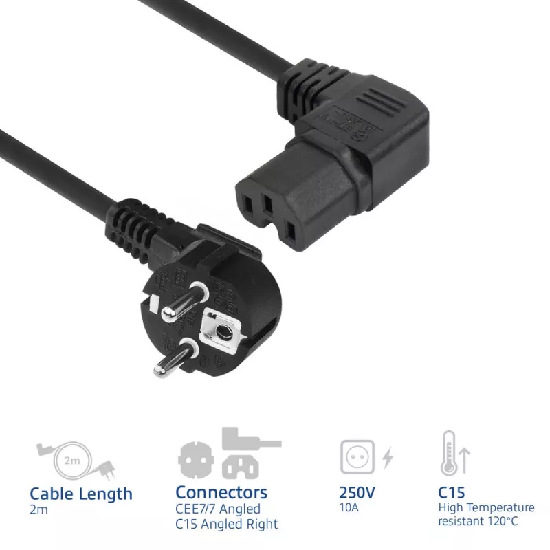 ACT virtakaapeli verkkopistoke CEE 7/7 (kulma) – C15 (suora) IEC60320 musta 2 m