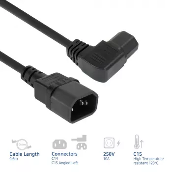 ACT virtakaapeli C14 – C15 (kulma vasen) IEC60320 musta 0,6 m