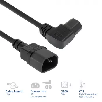 ACT virtakaapeli C14 – C15 (kulma vasen) IEC60320 musta 1,2 m