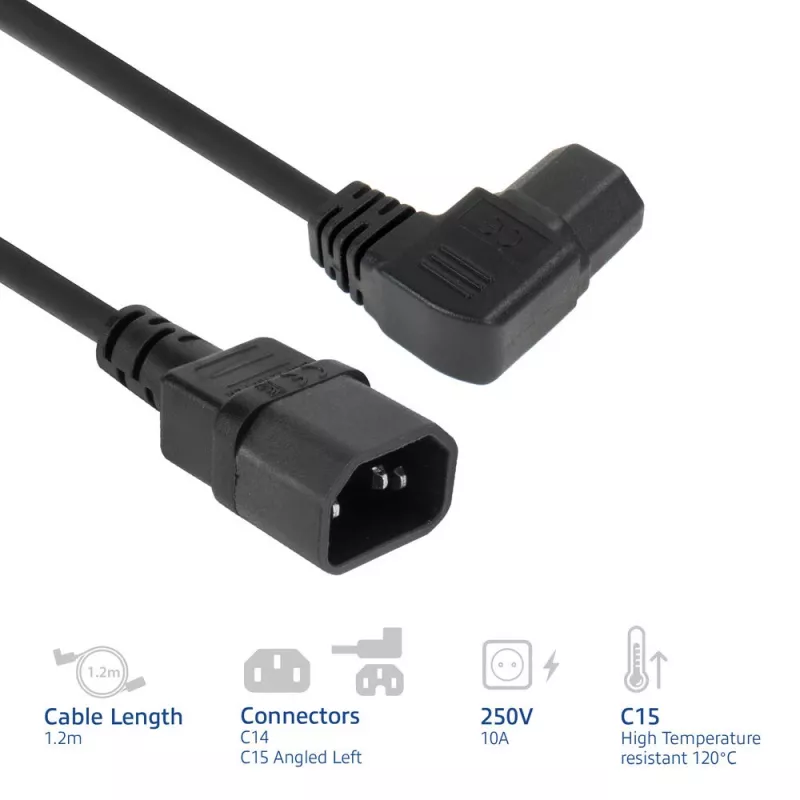 ACT virtakaapeli C14 – C15 (kulma vasen) IEC60320 musta 1,2 m