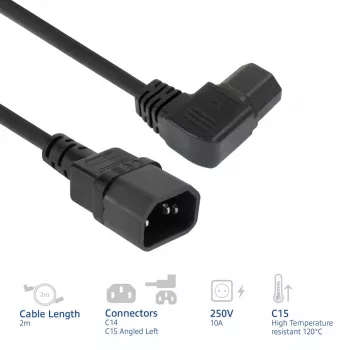 ACT virtakaapeli C14 – C15 (kulma vasen) IEC60320 musta 2 m