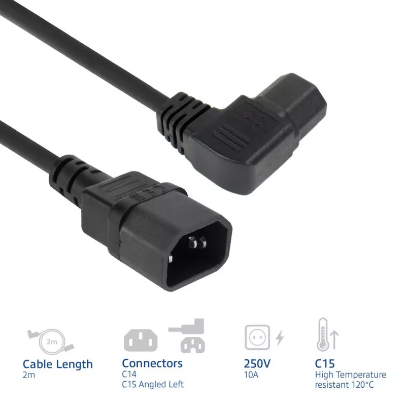 ACT virtakaapeli C14 – C15 (kulma vasen) IEC60320 musta 2 m