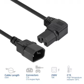 ACT virtakaapeli C14 – C15 (kulma oikea) IEC60320 musta 0,6 m