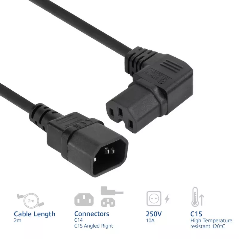 Virtakaapeli ACT C14 – kulma C15 IEC60320 musta 2 m H05RN-F 10 A 250 V