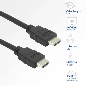 HDMI-kaapeli ACT AK3872, HDMI Type-A pistoke–pistoke, 1,5 m, HDMI 2.0, 18 Gbit/s, ARC, kullatut kontaktit, musta
