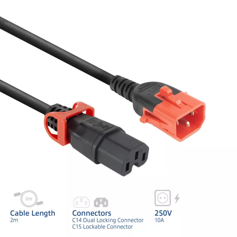 ACT virtakaapeli C14 IEC Lock+ Dual Locking – C15 IEC Lock+ musta 2 m, PC3872