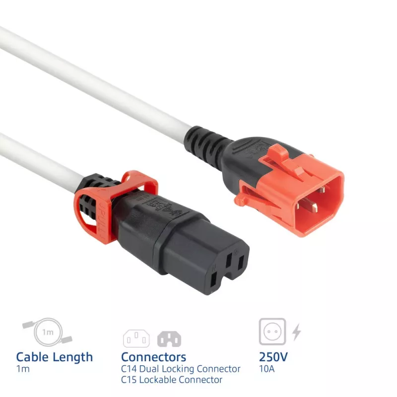 ACT virtakaapeli C14 IEC Lock+ Dual Locking – C15 IEC Lock+ valkoinen 1 m, PC3871
