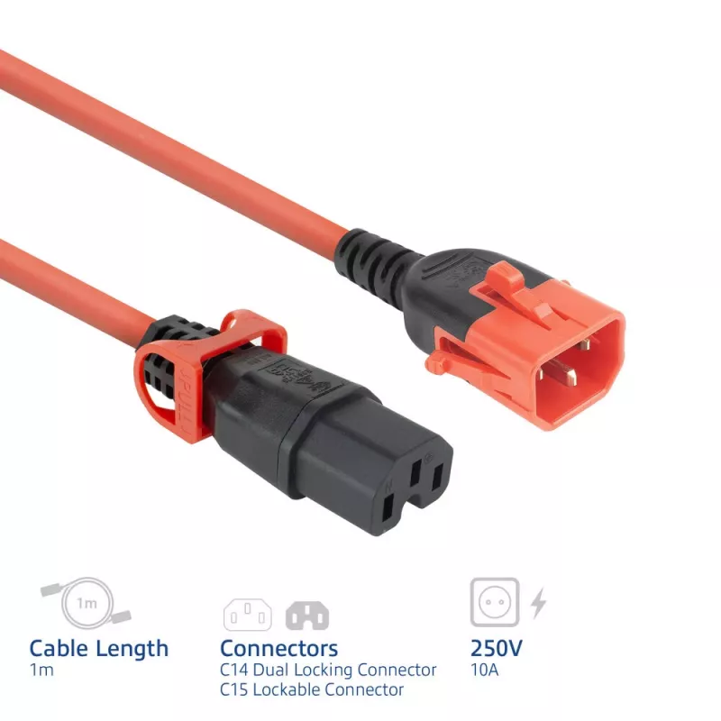 ACT virtakaapeli C14 IEC Lock+ Dual Locking – C15 IEC Lock+ punainen 1 m, PC3869