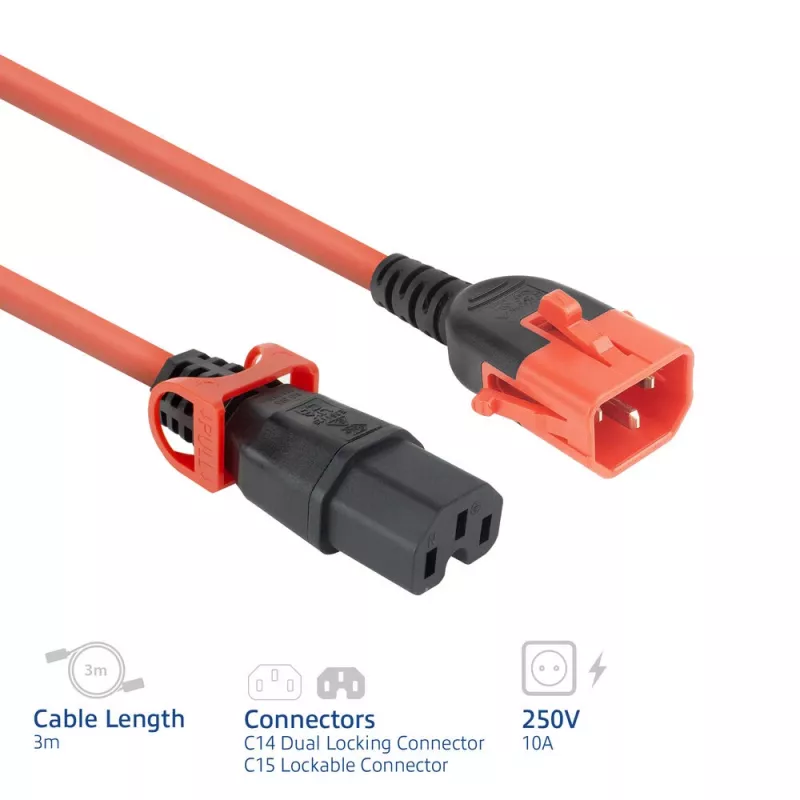 ACT virtajohto C14 IEC Lock+ Dual Locking - C15 IEC Lock+ punainen, 3 m, 250 V 10 A