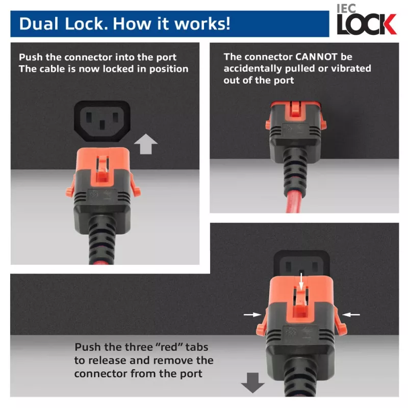 ACT virtajohto C14 IEC Lock+ Dual Locking - C15 IEC Lock+ punainen, 3 m, 250 V 10 A