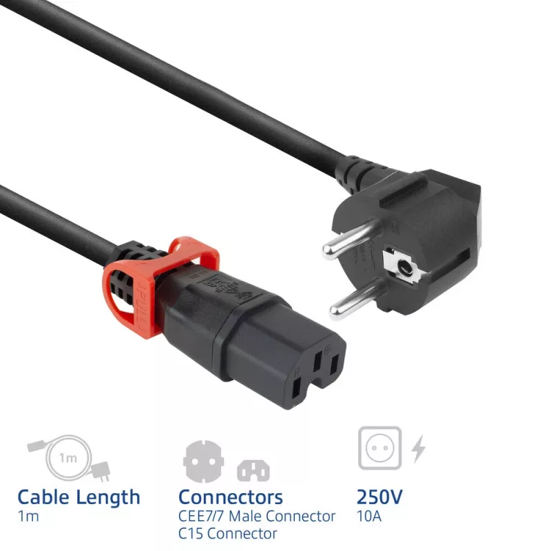 ACT virtajohto CEE 7/7 -pistoke (kulma) - C15 IEC Lock+ musta 1 m, EL603S