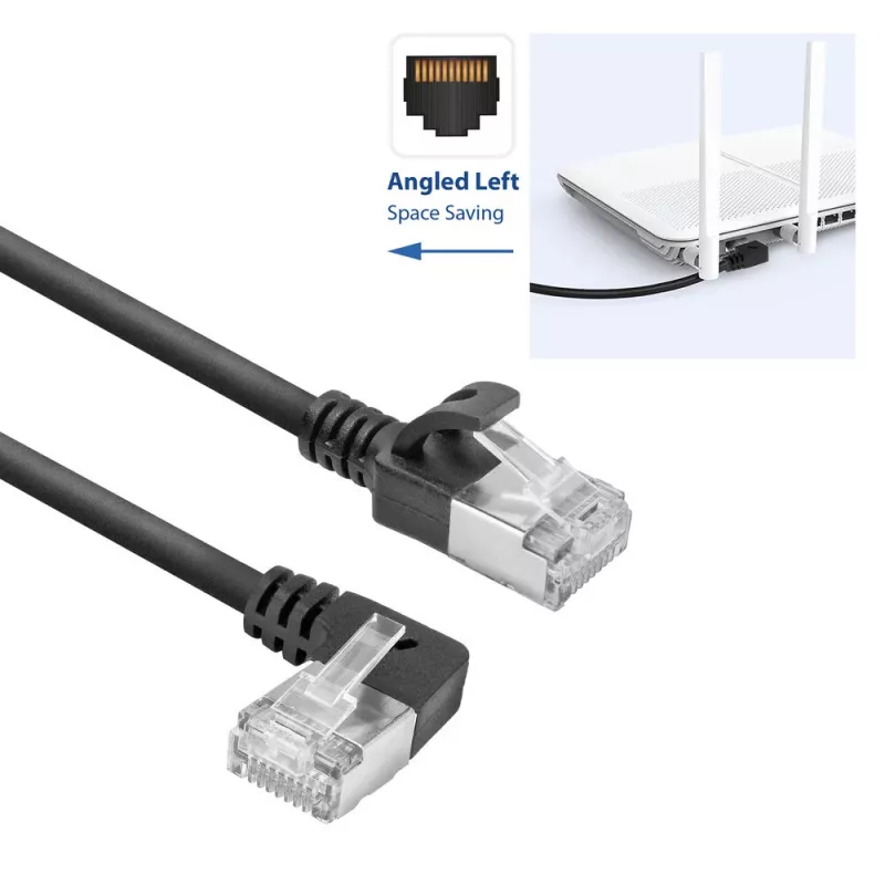 ACT musta 0,5 m U/FTP-CAT6A-LSZH-Slimline-patchkaapeli RJ45-liittimillä, 90° kulma vasemmalle suoraan