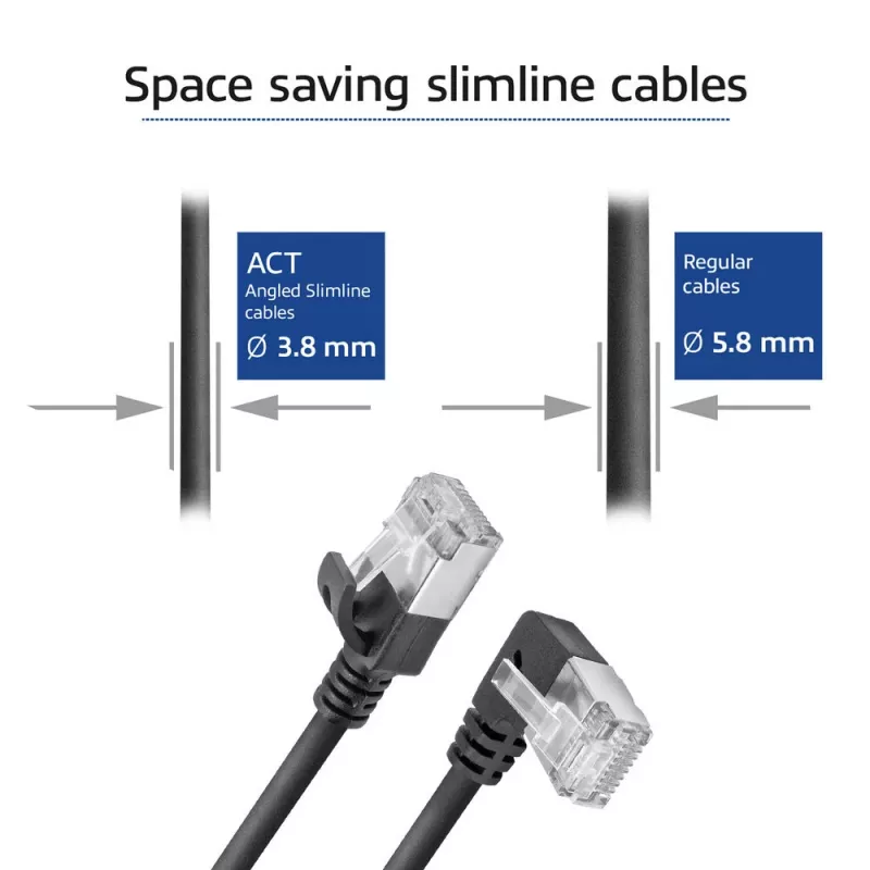 ACT musta 0,5 m U/FTP-CAT6A-LSZH-Slimline-patchkaapeli RJ45-liittimillä, 90° kulma vasemmalle suoraan