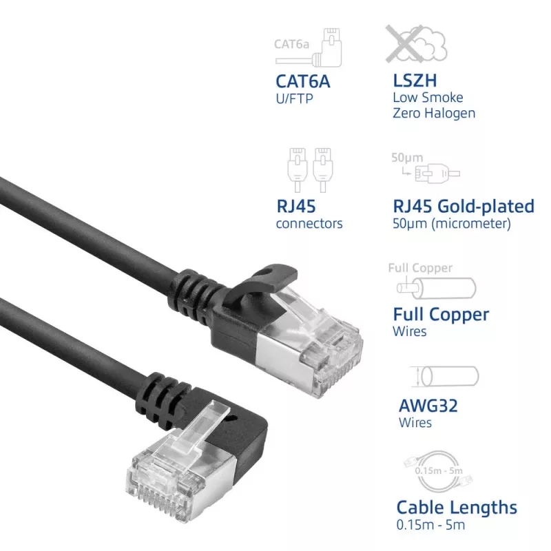 ACT musta 3 m U/FTP CAT6A LSZH Slimline -verkkokaapeli RJ45-liittimillä, 90° kulma vasen - suora
