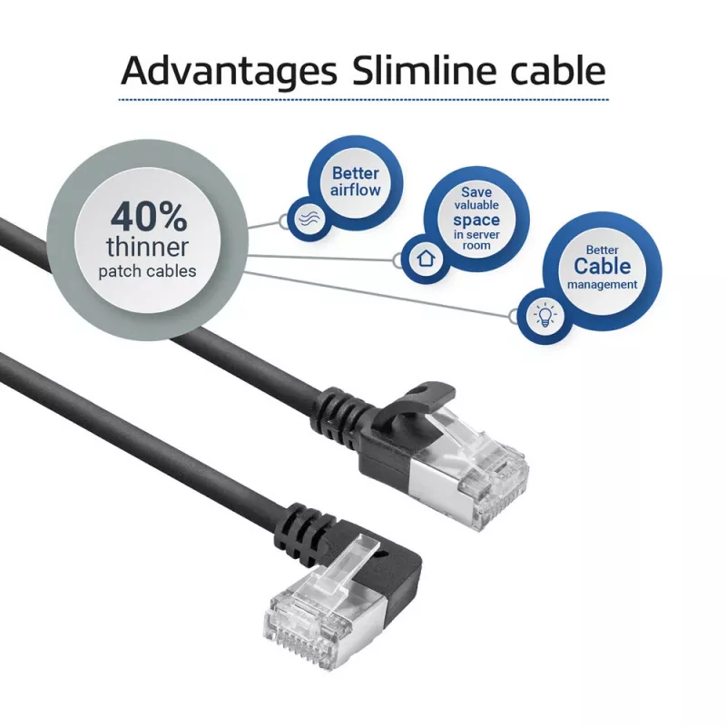 ACT musta 3 m U/FTP CAT6A LSZH Slimline -verkkokaapeli RJ45-liittimillä, 90° kulma vasen - suora