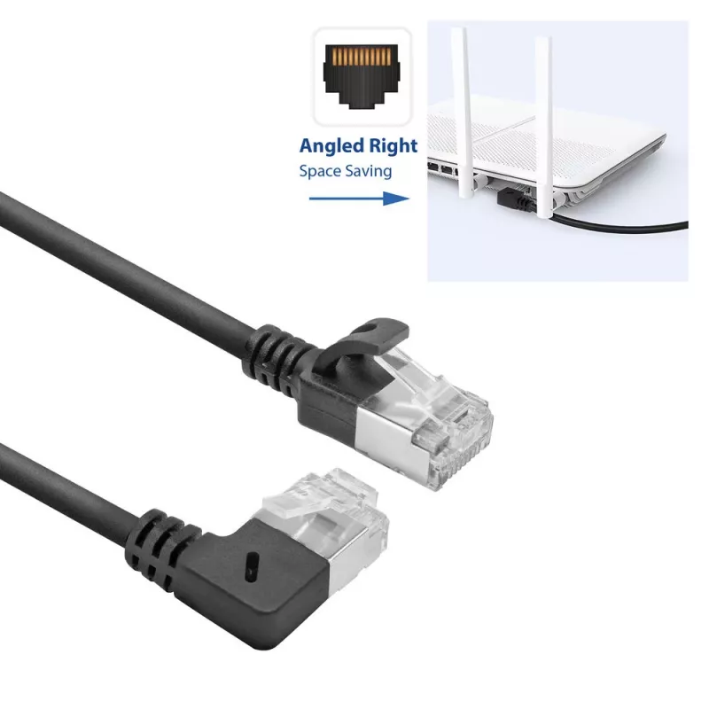 ACT musta 1 m U/FTP CAT6A LSZH Slimline -verkkokaapeli RJ45-liittimillä, 90° kulma oikea - suora