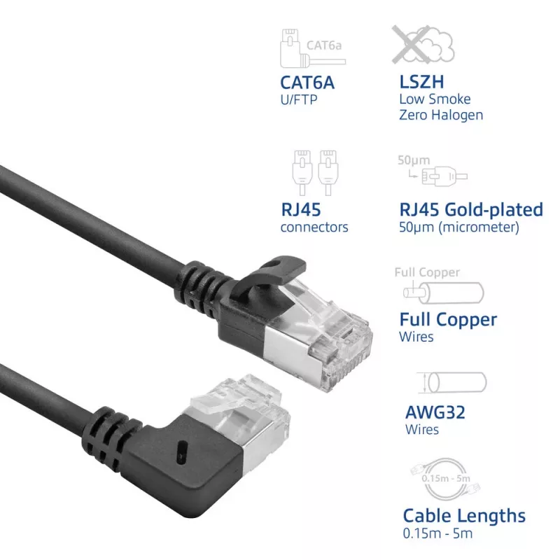ACT musta 2 m U/FTP CAT6A LSZH Slimline -verkkokaapeli RJ45-liittimillä, 90° kulma oikea - suora