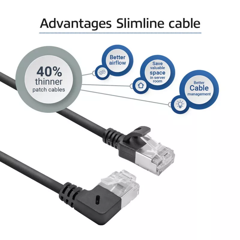ACT musta 3 m U/FTP CAT6A LSZH Slimline -verkkokaapeli RJ45-liittimillä, 90° kulma oikea - suora