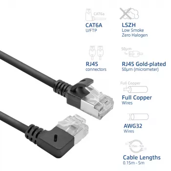ACT musta 5 m U/FTP CAT6A LSZH Slimline -verkkokaapeli RJ45-liittimillä, 90° kulma oikea - suora
