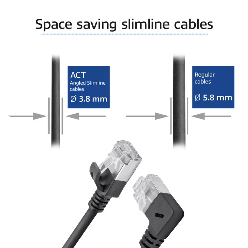 ACT musta 5 m U/FTP CAT6A LSZH Slimline -verkkokaapeli RJ45-liittimillä, 90° kulma oikea - suora