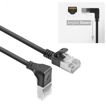 ACT musta 0,5 m U/FTP CAT6A LSZH Slimline -verkkokaapeli RJ45-liittimillä, 90° kulma alas - suora