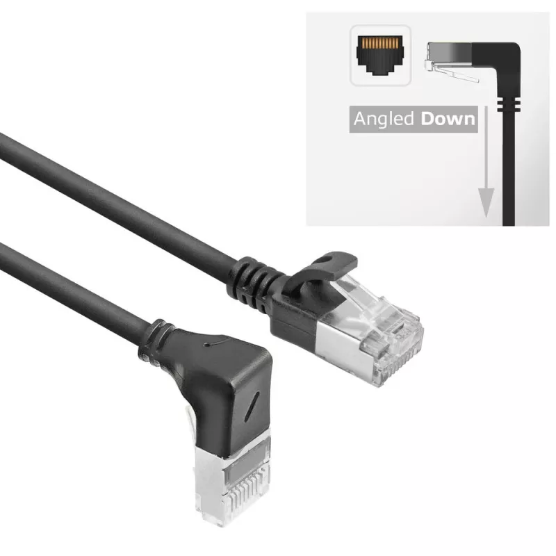 ACT musta 2 m U/FTP CAT6A LSZH Slimline -verkkokaapeli RJ45-liittimillä, 90° kulma alas - suora