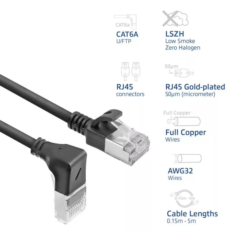 ACT musta 2 m U/FTP CAT6A LSZH Slimline -verkkokaapeli RJ45-liittimillä, 90° kulma alas - suora