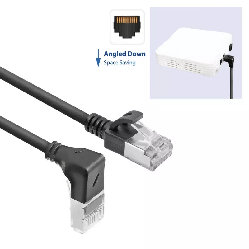 ACT musta 2 m U/FTP CAT6A LSZH Slimline -verkkokaapeli RJ45-liittimillä, 90° kulma alas - suora