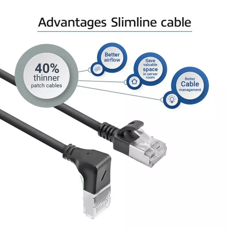 ACT musta 3 m U/FTP CAT6A LSZH Slimline -verkkokaapeli RJ45-liittimillä, 90° kulma alas - suora