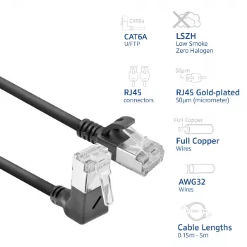 ACT DA4930 0,15 m U/FTP Cat6A LSZH Slimline-patch-kaapeli, RJ45 90 astetta kulmassa ylös - suora, musta