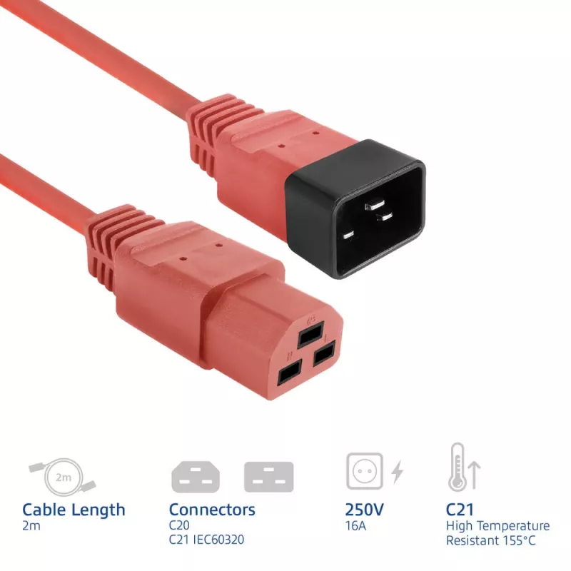 ACT-virtakaapeli C20–C21 IEC60320 punainen 2 m, 16 A 250 V
