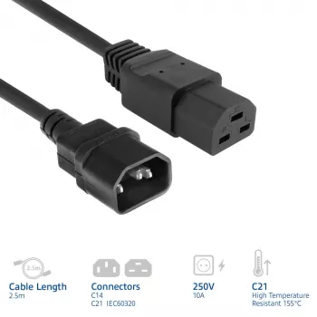 Virtakaapeli ACT C14–C21 IEC60320 musta 2,5 m, 250 V, 10 A